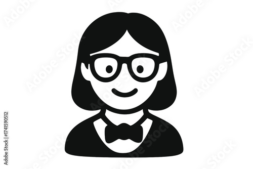 Nerd geek vector icon. Smart person with glasses and bow tie. Intelligent student, teacher, or librarian avatar. Man or woman head character emoji for web and app design.