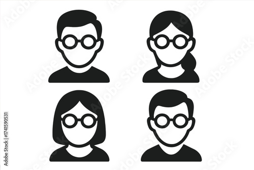 Nerd geek face vector icon set. Man woman with glasses user avatar. Profile symbol for website app. Smart person, student, developer, programmer head. Flat illustration.