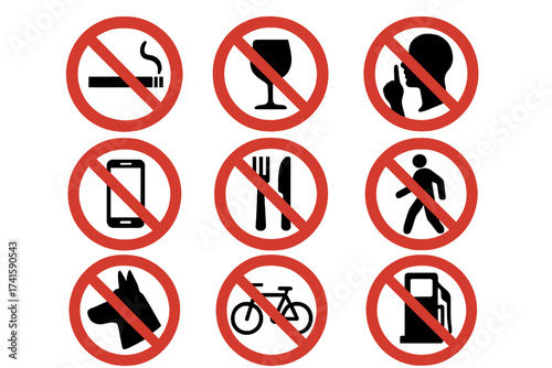 Collection of red prohibition signs. Forbidden icon set for public places. No smoking, no alcohol, no food, no phone, be quiet, no dogs, no bikes, no entry. Restriction symbols.