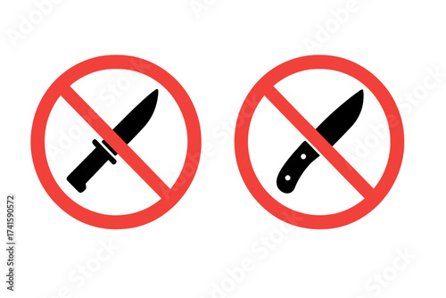 No knife, no weapon prohibition sign set. Vector illustration of forbidden sharp objects. Danger warning icon for safety and security zones. No edged weapons allowed symbol.