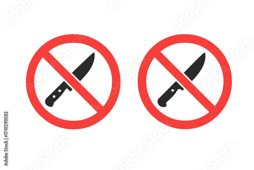 No knife prohibition sign. No weapons allowed vector icon. Stop sharp objects symbol. Forbidden, restricted area concept. Danger, safety, security warning pictogram illustration.