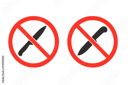 No knife and no weapon prohibition sign set. Vector illustration of a red forbidden symbol with a knife silhouette. Concept for safety, security, and restricted areas. Danger icon.