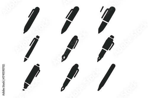 Pen icon set vector collection. Write, draw, and edit tools silhouette. Black glyphs of ballpoint, fountain pen, marker. Office stationery symbols for web design. Isolated.