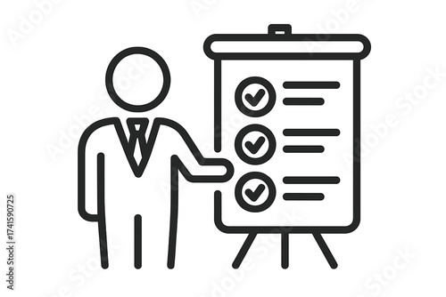 Businessman presentation with completed task list. Project management concept. To-do list, planning, success, and goal achievement. Business meeting, report, strategy on flip chart.