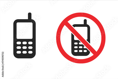 No mobile phone allowed sign. Vector icon set. Old cellular phone symbol and prohibition warning sign. Turn off phone notice. Forbidden to use cellphone concept illustration.