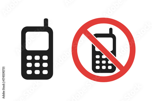 No mobile phone sign. Cellphone forbidden icon. No calls allowed symbol. Turn off phone. Silent mode. Restriction area warning. Old retro phone. Vector illustration isolated.