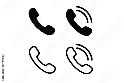 Phone icon set vector. Telephone handset symbol collection. Ringing phone, incoming call pictogram. Communication contact sign. Solid and outline line art illustration.