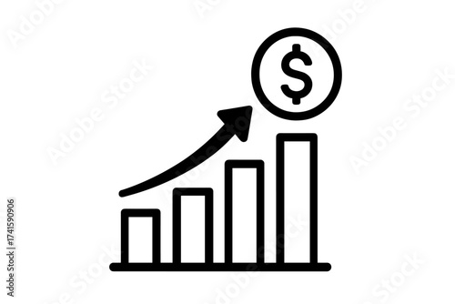 Profit growth chart icon. Business success concept. Financial increase graph with dollar coin and arrow up. Vector for income, revenue, investment return, and market report.