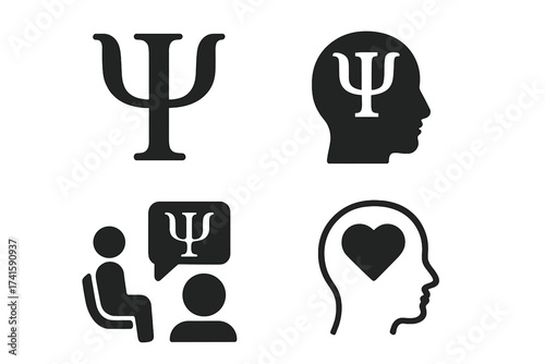 Psychology icon set. Mental health and psychotherapy concept. Psi symbol in head silhouette. Therapy session, counseling, and emotional wellness vector illustration collection.