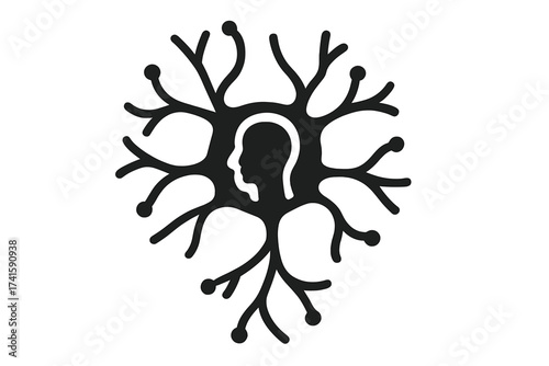 Mind, brain, mental health concept vector icon. Psychology, neuroscience illustration. Human head profile in neural network. Intellectual, thinking, knowledge, memory logo.