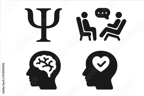 Psychology icon set with psi symbol. Psychotherapy session, mental health concept. Brain in head for thinking, heart for emotional intelligence and well-being. Vector icons.