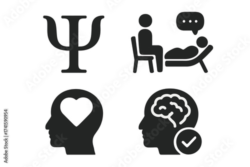 Psychology icon set for mental health and psychotherapy concepts. Vector symbols including psi, therapy session, emotional wellness with heart, and healthy brain with checkmark.