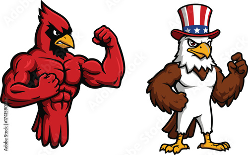 Muscular red cardinal mascot flexing arms, strong bald eagle wearing patriotic American hat, cartoon bird characters, sports rivalry, strength, competition