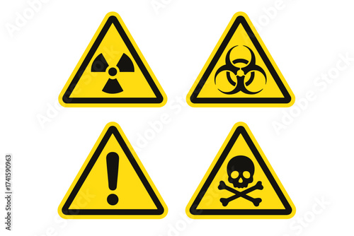 Hazard warning signs vector set. Radioactive, biohazard, toxic poison, and general danger symbols. Yellow triangular safety alert icons. Nuclear radiation, skull and crossbones.