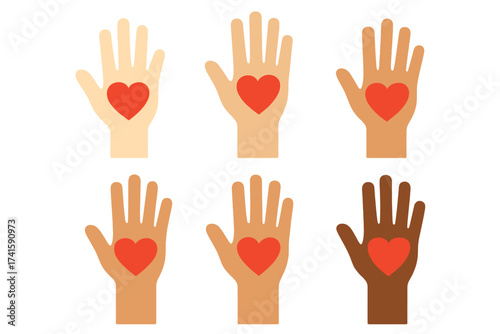 Raised hands with hearts vector set. People with different skin tones. Concept of love, donation, charity, volunteering, support, hope, racial equality, and diversity.