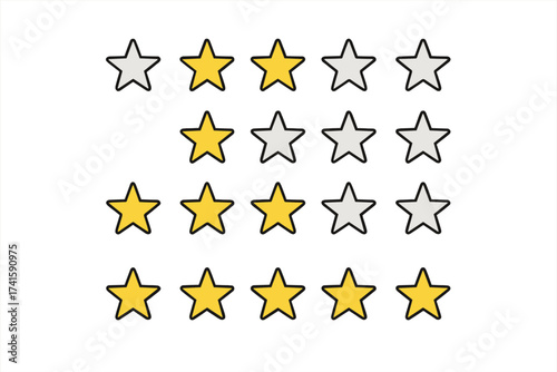 Rating stars vector icon set for review and feedback. Five star quality rating symbol collection. Customer satisfaction, evaluation, and classification stars from 0 to 5.