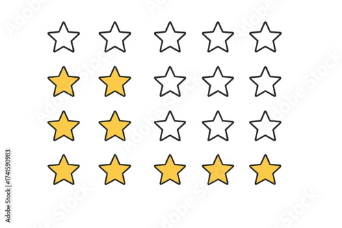 Five star rating icon set. Customer review and feedback symbols. Quality satisfaction score for web and app design. Vector illustration of classification and ranking signs.