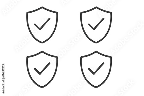 Set of security shield icons with checkmark. Protection and safety symbol. Tick mark approved. Certified guarantee sign. Secure and trusted concept. Vector line art illustration.