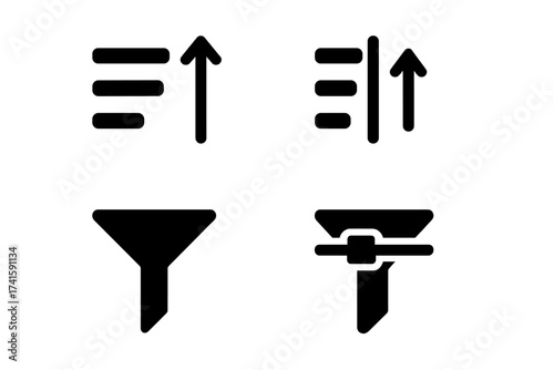 Set of sort and filter glyph icons for web design and user interface. Vector symbols for data organization, arranging, and ordering. Ascending sort and funnel pictogram.