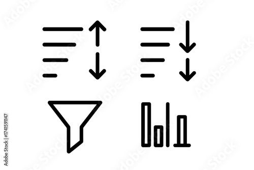Set of sort and filter icons for web and app design. UI UX elements for data arrangement, information ordering, and database filtering. Vector symbols pack with funnel and graph.