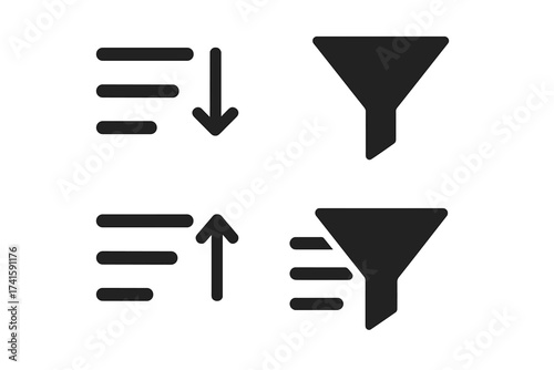 Sort and filter icon set for web, app, and UI design. Data organization control. Ascending, descending order, and funnel pictograms. Vector illustration interface element.