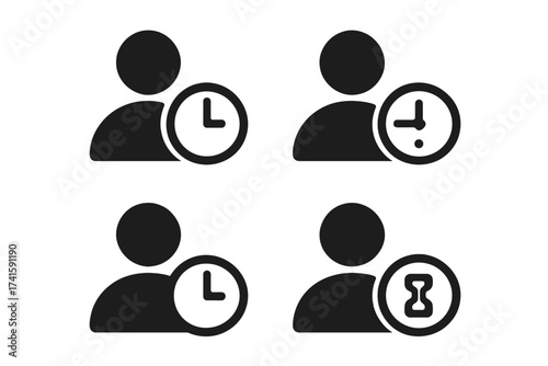 User time management icon set. Person profile with clock and hourglass symbol. Concept for waiting, pending, history, schedule, temporary status. Deadline, countdown vector.