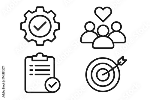 Total Quality Management TQM icon set. Vector illustration of business principles. Line icons for concepts like process improvement, customer focus, and strategic goals.