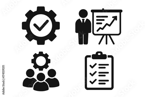 Total Quality Management TQM icon set. Business process improvement, control, and assurance. Management strategy, presentation, teamwork, and checklist vector symbols.