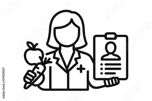 Nutritionist icon with diet plan. Dietitian with healthy food. Health care professional concept. Doctor with patient card. Healthy eating, lifestyle, and wellness advice.