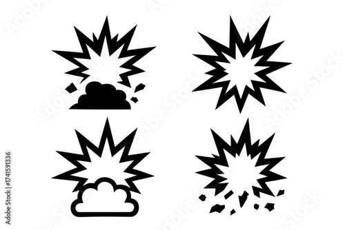 Explosion icon set. Comic book boom and bang effect collection. Cartoon bomb blast and flash symbols. Pow graphic element for design. Danger and alert vector sign.