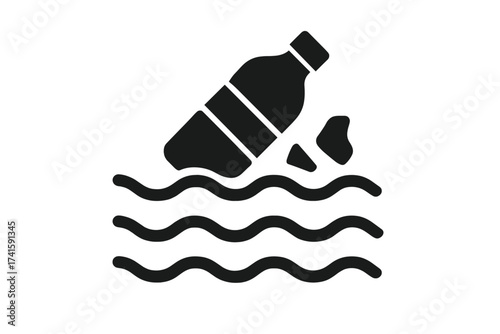 Plastic pollution in ocean water. Bottle garbage waste floating in sea. Environmental problem concept. Ecology disaster symbol. Microplastic contamination vector icon.