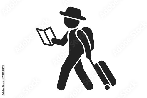 Tourist traveler vector icon. Man with luggage, backpack, and map on a journey. Person on vacation, holiday trip. Tourism and adventure concept. Sightseeing character symbol.