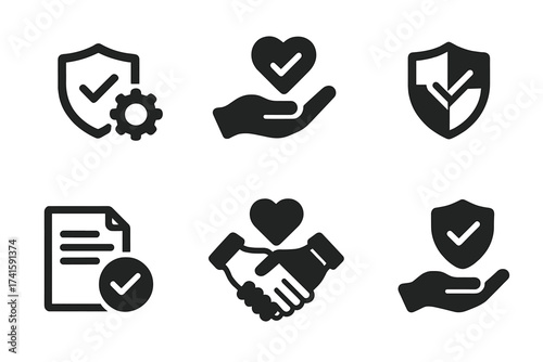Trust icon set for business ethics. Vector icons of competence, sincerity, integrity, credence, commitment, assurance, and reliance. Quality, safety, and guarantee symbols.