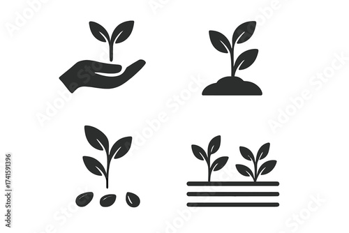 Plant growth icon set vector collection. Sprout in hand, seed, and soil. Agriculture, gardening, and farming concept. Ecology, environment, and nature symbol for conservation.