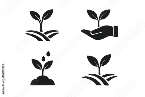 Plant and sprout growing icon set. Seedling in soil, hand holding a sapling, and watering a plant. Ecology, agriculture, environment, and new life concept vector illustration.