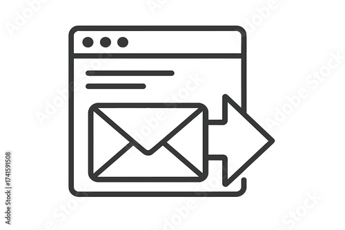 Sending email icon from website browser. Outgoing mail message symbol for contact page or email marketing newsletter. Vector line art illustration concept of communication.