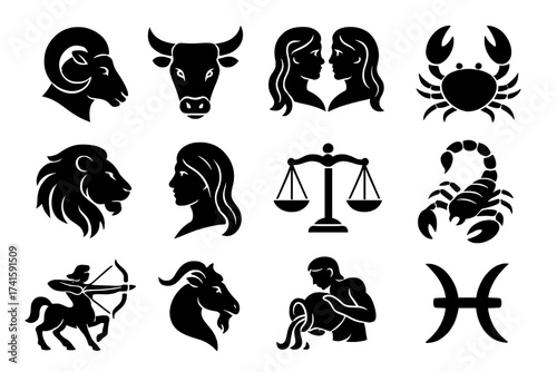 Zodiac signs vector icons. Astrology horoscope symbol set. Spiritual esoteric prediction concept. Constellation mythology graphic. Aries, Leo, Virgo, Libra. Black silhouette design.