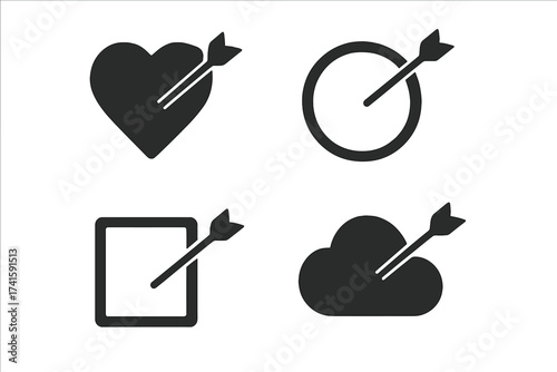 Arrow icon set. Hitting target, goal achievement, and success concept. Cupid's arrow in heart for love and Valentine's Day. Cloud and square icons. Vector glyph collection.