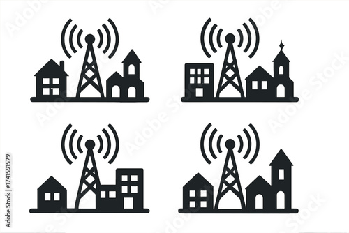 Broadcast tower radio signal icon set. City communication antenna vector. Wireless network in town. Urban connectivity silhouette. Village transmission mast pictogram illustration.