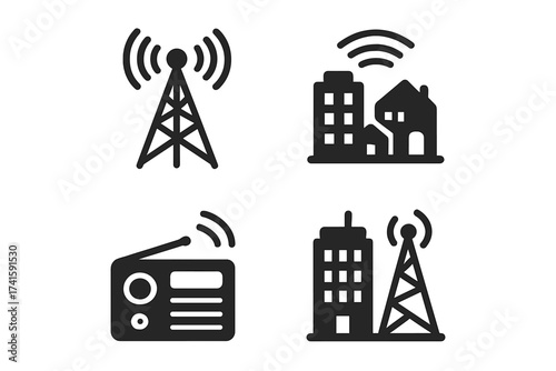 Radio tower broadcast icon set. Communication signal antenna in city. Wireless technology vector illustration. Mass media and frequency transmission symbol collection for web design.