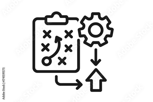 Business strategy and implementation plan for growth. Tactic, workflow, and process management for success. Solution development and execution for improvement and results icon.