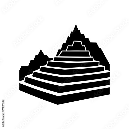 Illustration of a stepped black pyramid on transparent background silhouette