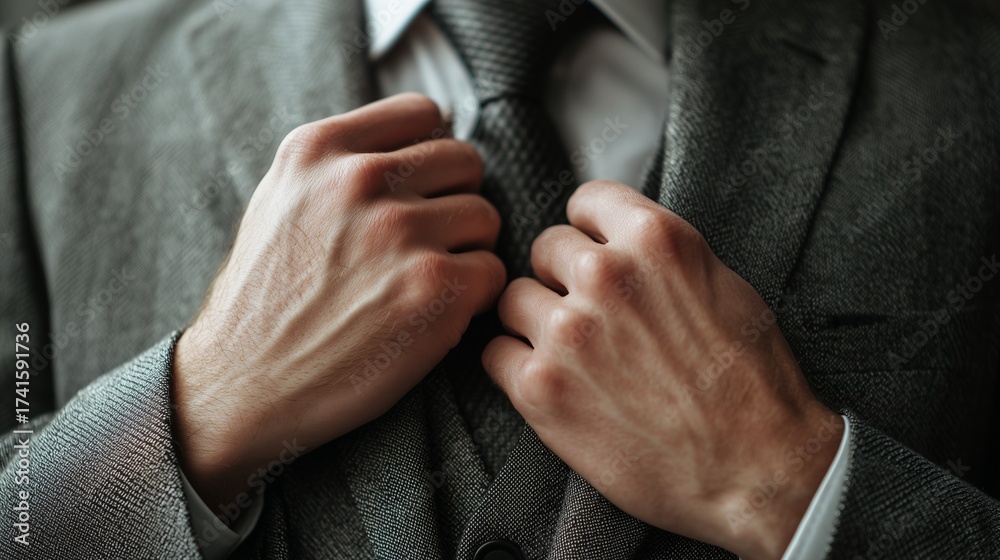 Fototapeta premium Close-up of a man adjusting a tie on a classic suit. A strong symbol of masculinity, determination, and elegance. Perfect visual for International Men's Day and professional identity.