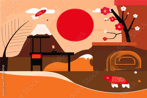 Charming Japanese-Inspired Scene With Mount Fuji, Blossoms, and Koi Fish, Evoking Tranquility and Cultural Richness, Perfect for Travel or Artistic Projects