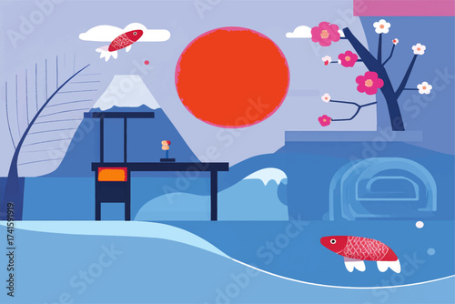 A serene Japanese-inspired scene featuring Mount Fuji, delicate cherry blossoms, and graceful koi fish, creating a tranquil and culturally rich atmosphere.