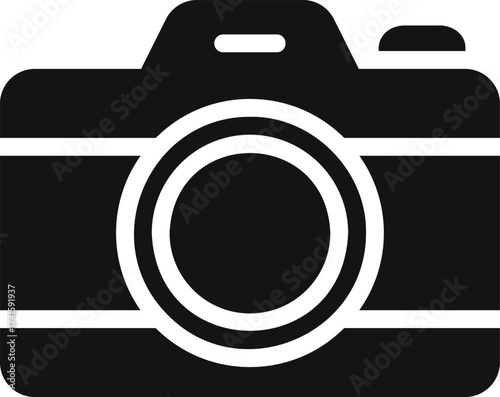 Simple black silhouette of a modern digital camera with a prominent lens and flash symbol