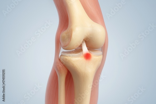 Anterior oblique knee illustration of ACL tear depicting joint anatomy with cruciate ligament highlighted by red patch on mid fibers, femur tibia muted ivory, menisci translucent, 3D clinical style