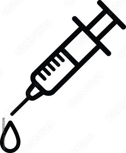 Black outline syringe with falling drop icon on white background