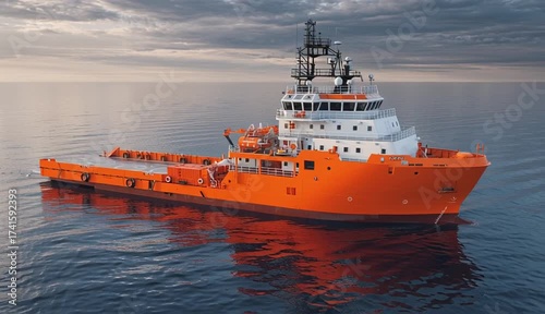 Orange and white offshore supply vessel or coast guard ship on calm ocean waters, modern maritime vessel with white superstructure 

and bright orange hull, communication masts and equipment
