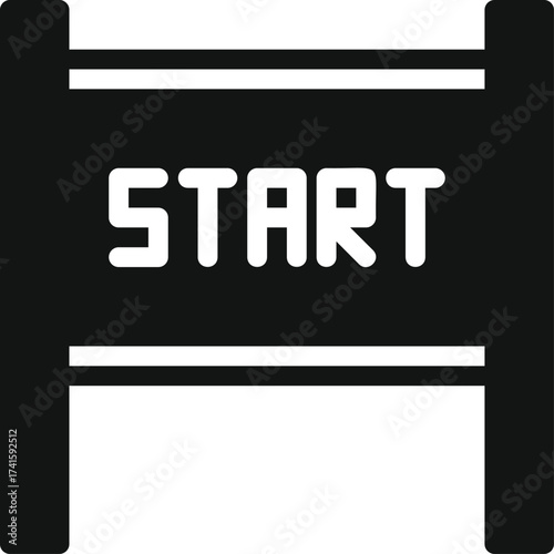 Simple black and white graphic illustration of a start line sign with the word start in bold white letters